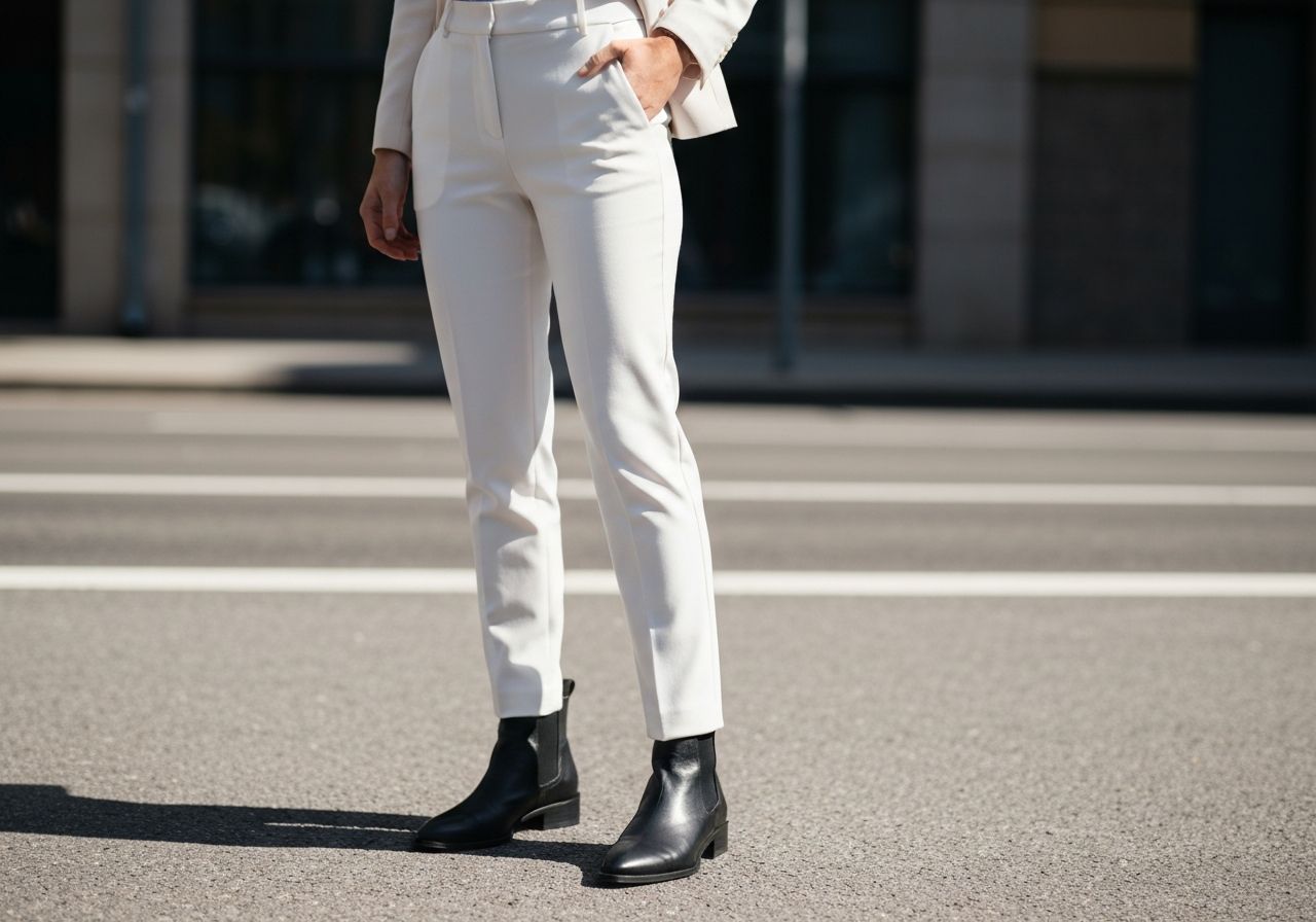 Kobieta na ulicy w białych spodniach i czarnych skórzanych botkach, widok na dolną część ciała