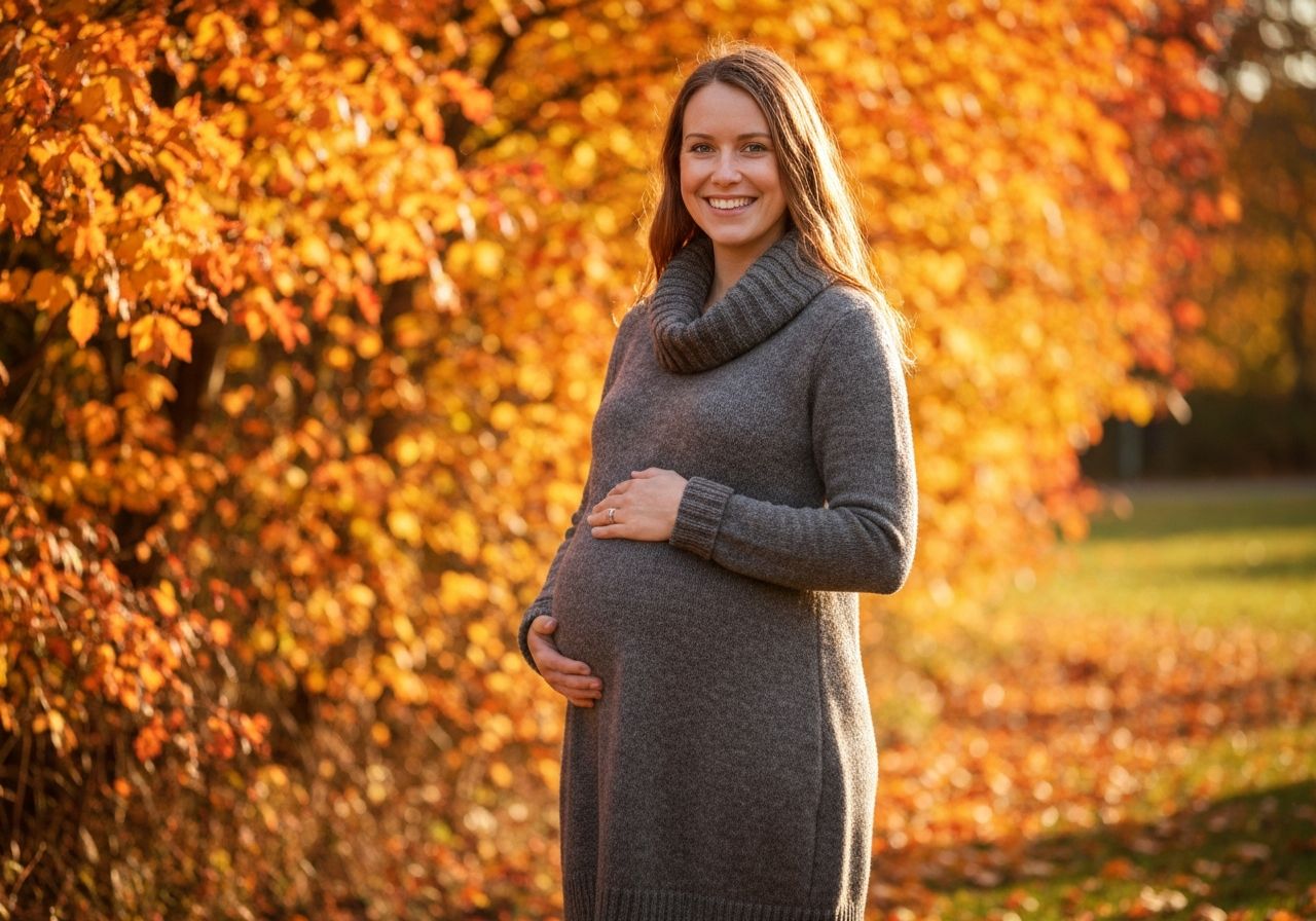 Kobieta w ciąży w wygodnej sukience ciążowej stoi na tle jesiennych liści na zewnątrz