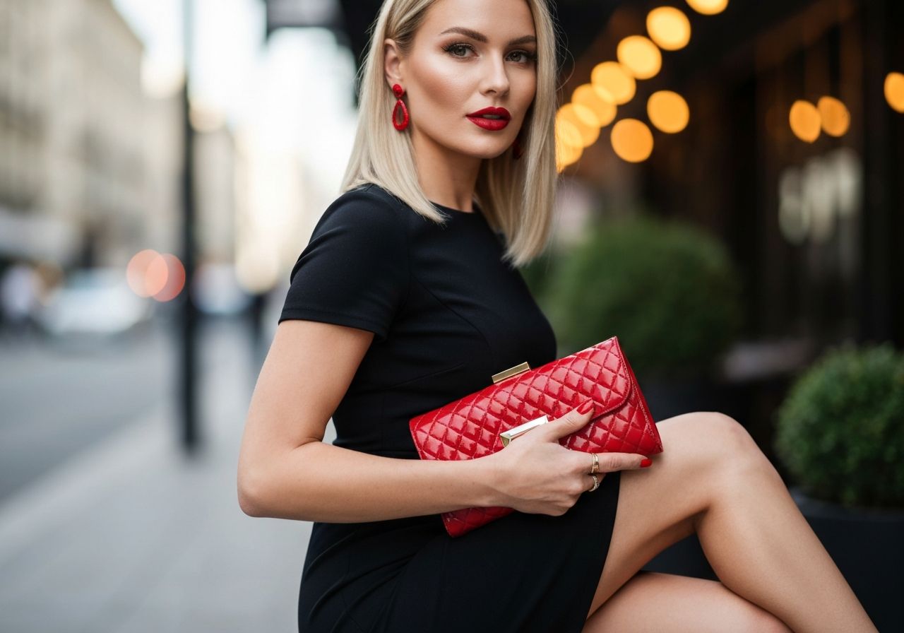 Kobieta w małej czarnej sukience z czerwonymi dodatkami na miejskim tle, zbliżenie w naturalnym świetle