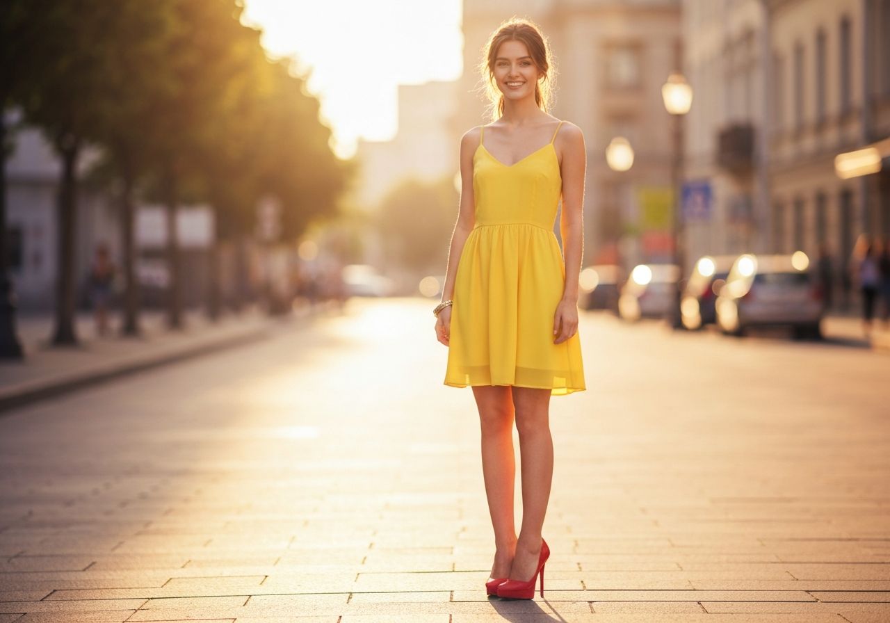 Młoda kobieta w żółtej sukience i czerwonych szpilkach stoi na ulicy w ciepłym świetle miasta.