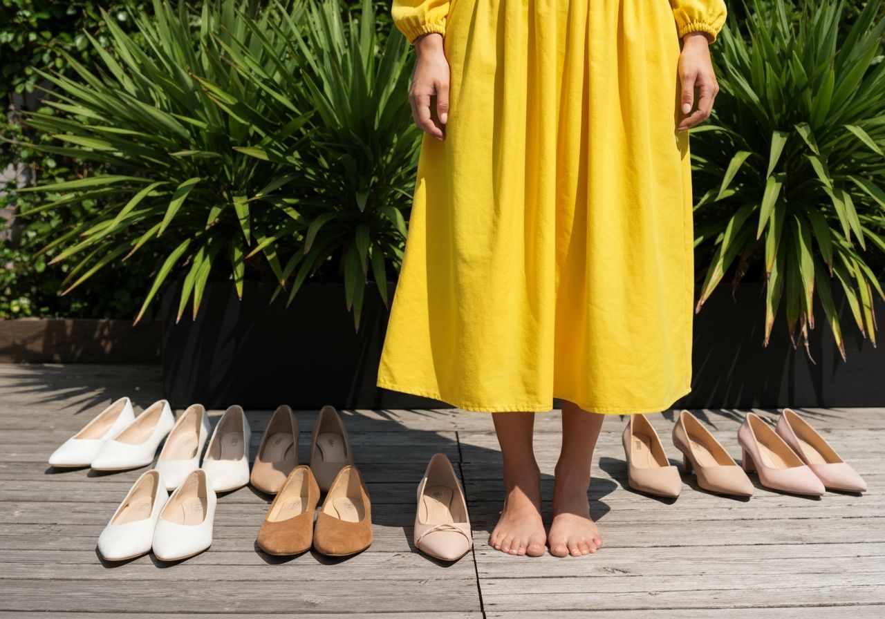 Kobieta w żółtej sukience boso stoi obok par różnych butów na drewnianym tarasie z roślinami.