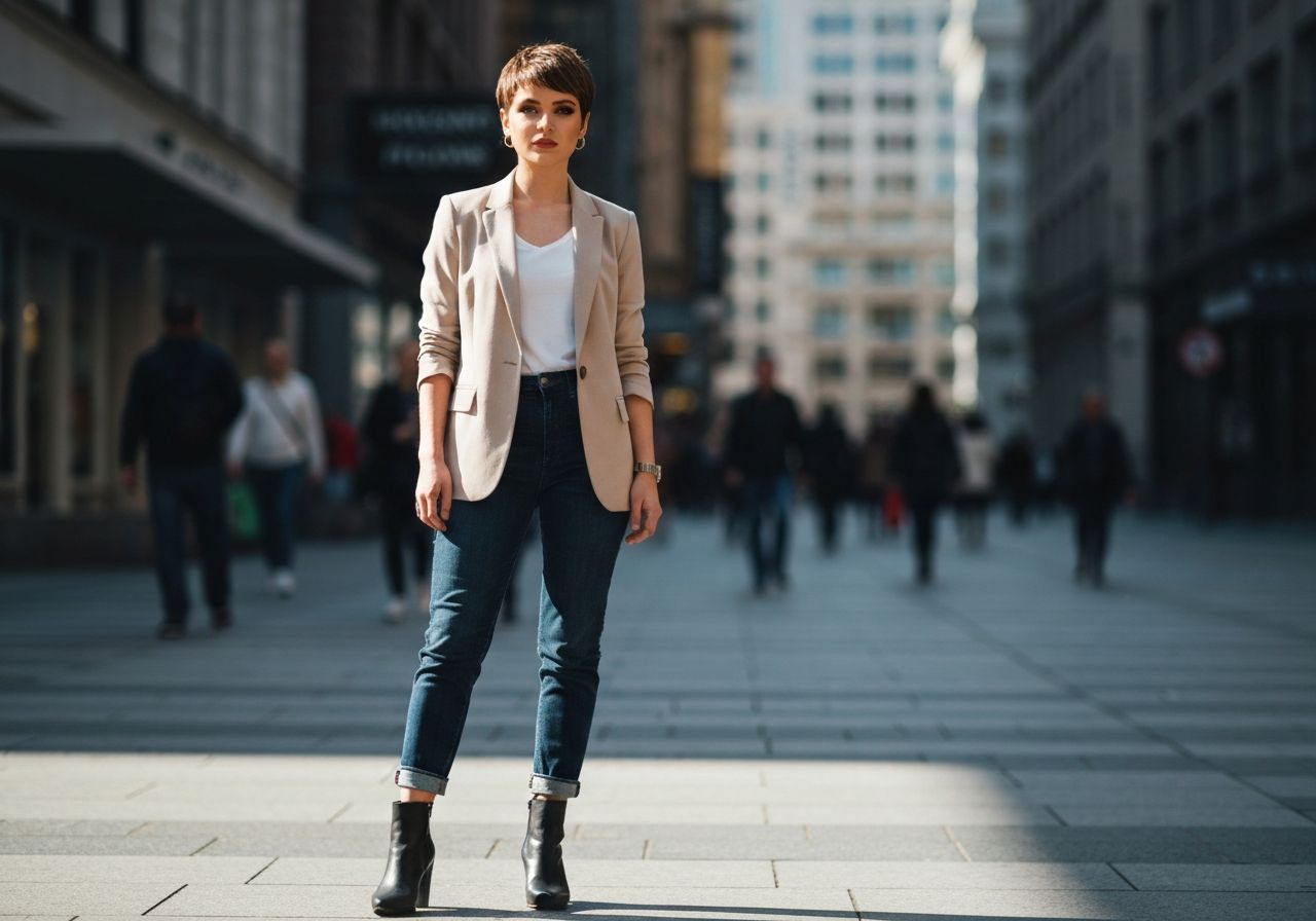 Młoda kobieta w modnym ubraniu stoi pewnie w miejskim otoczeniu oświetlonym miękkim światłem.