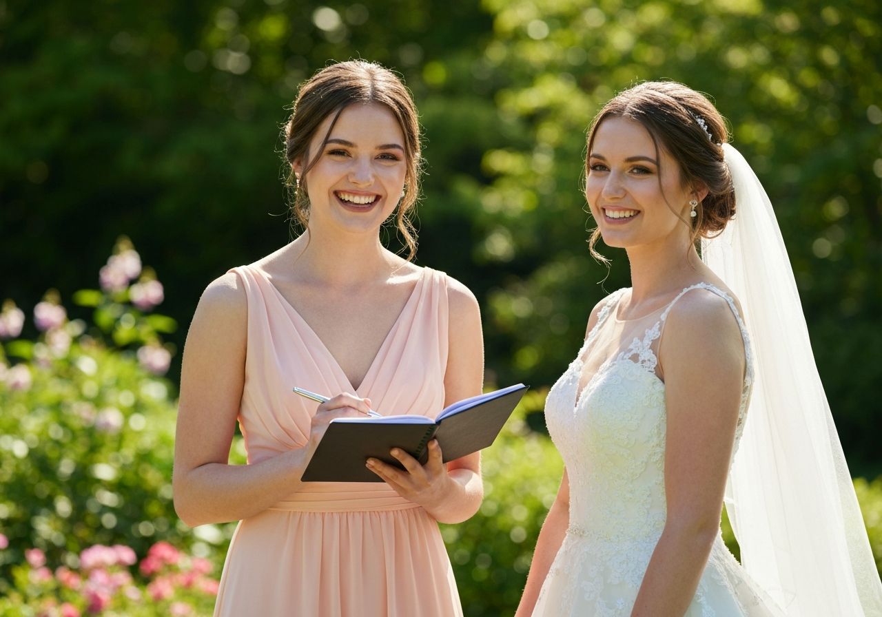 Młoda kobieta w sukience druhny z notesem obok panny młodej w ogrodzie podczas ślubu