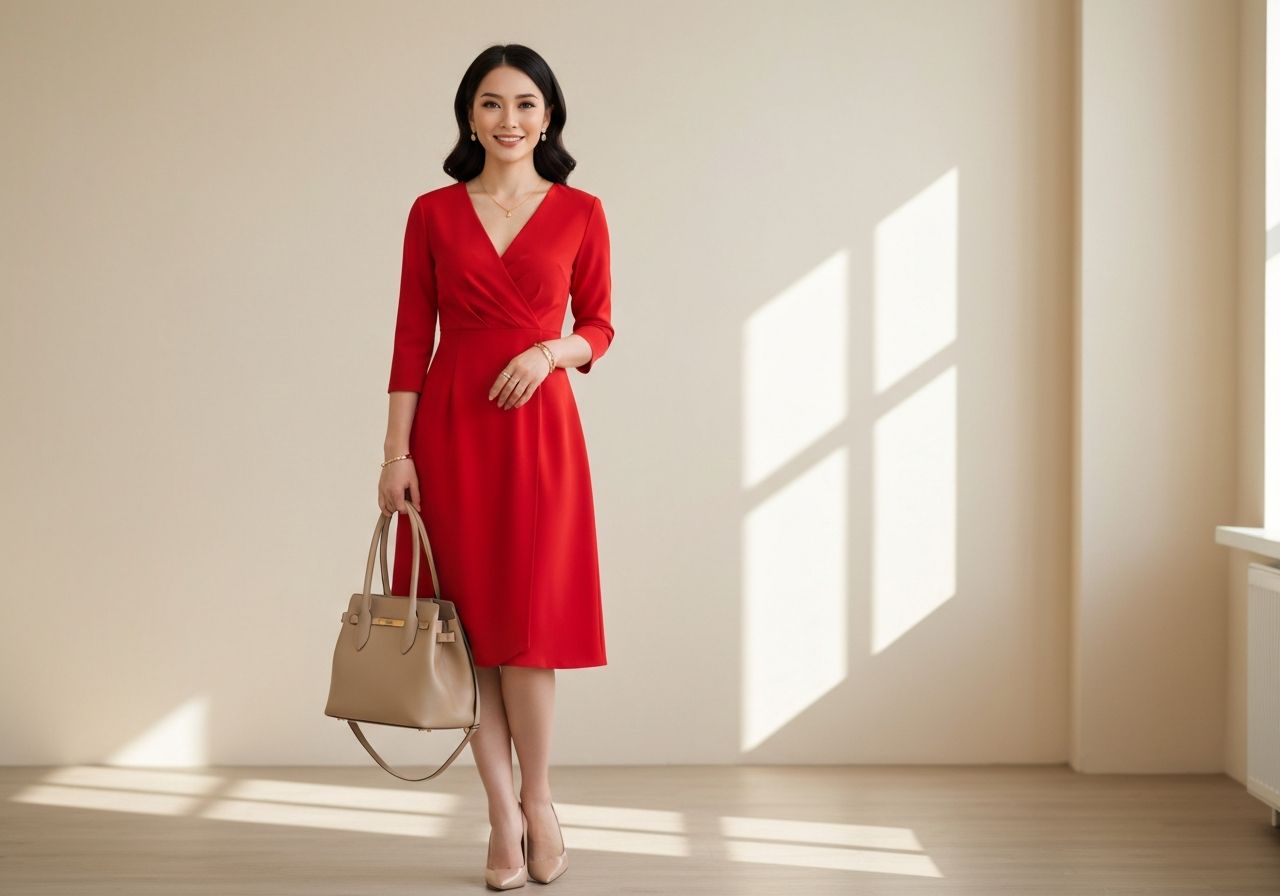 Kobieta w czerwonej sukni stoi w jasnym, minimalistycznym wnętrzu z beżowymi dodatkami.
