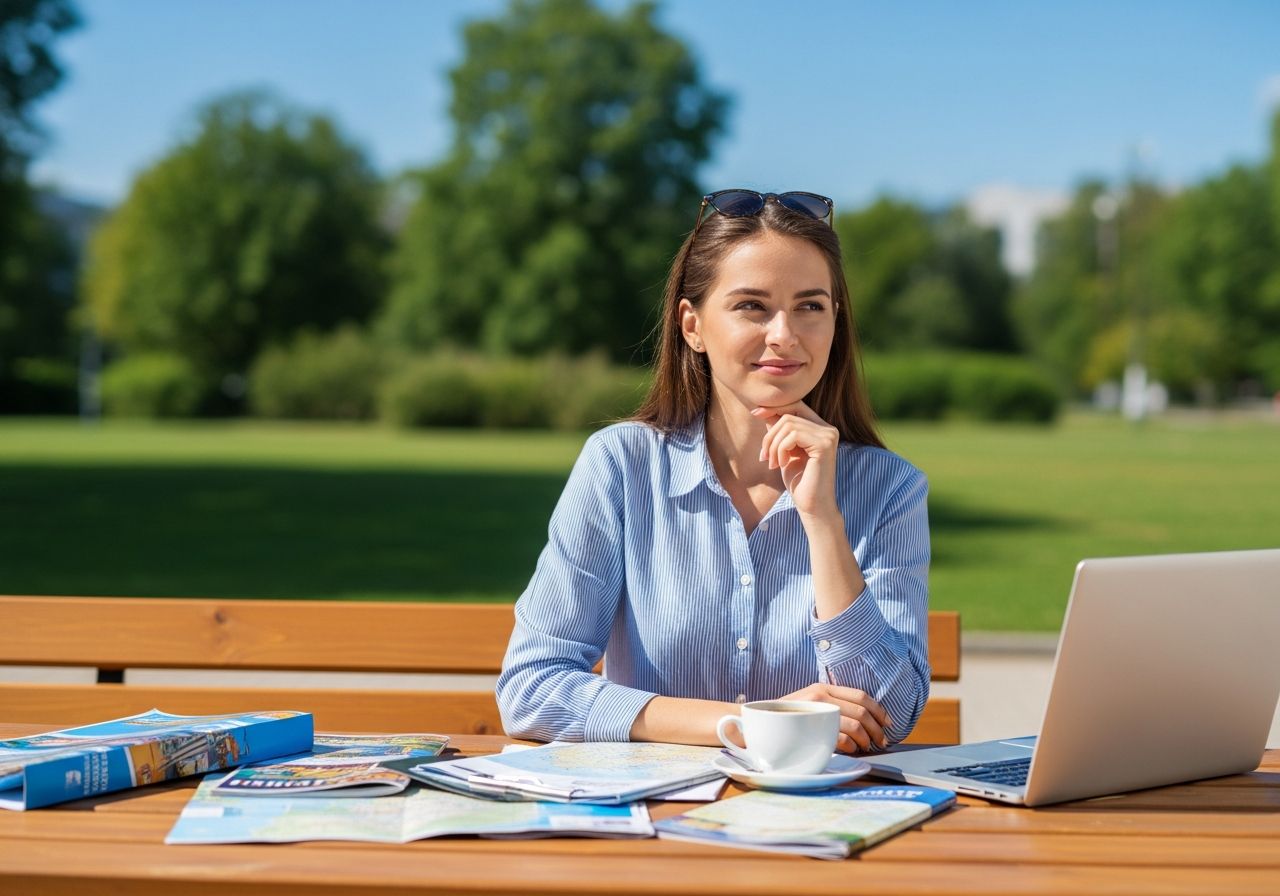 Młoda kobieta siedzi przed komputerem, planując urlop