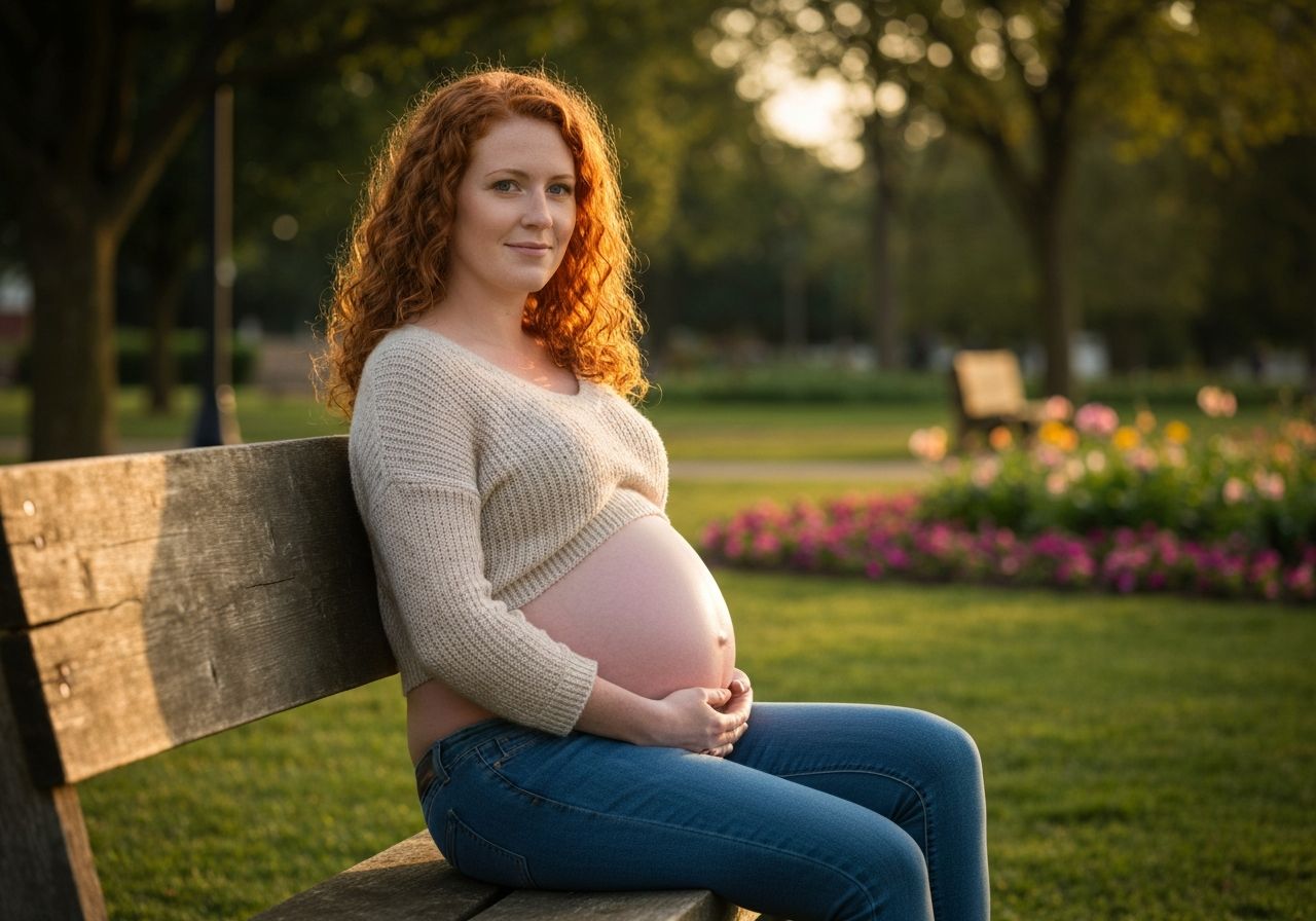 Ciężarna kobieta w dżinsach siedzi na drewnianej ławce w parku podczas złotej godziny