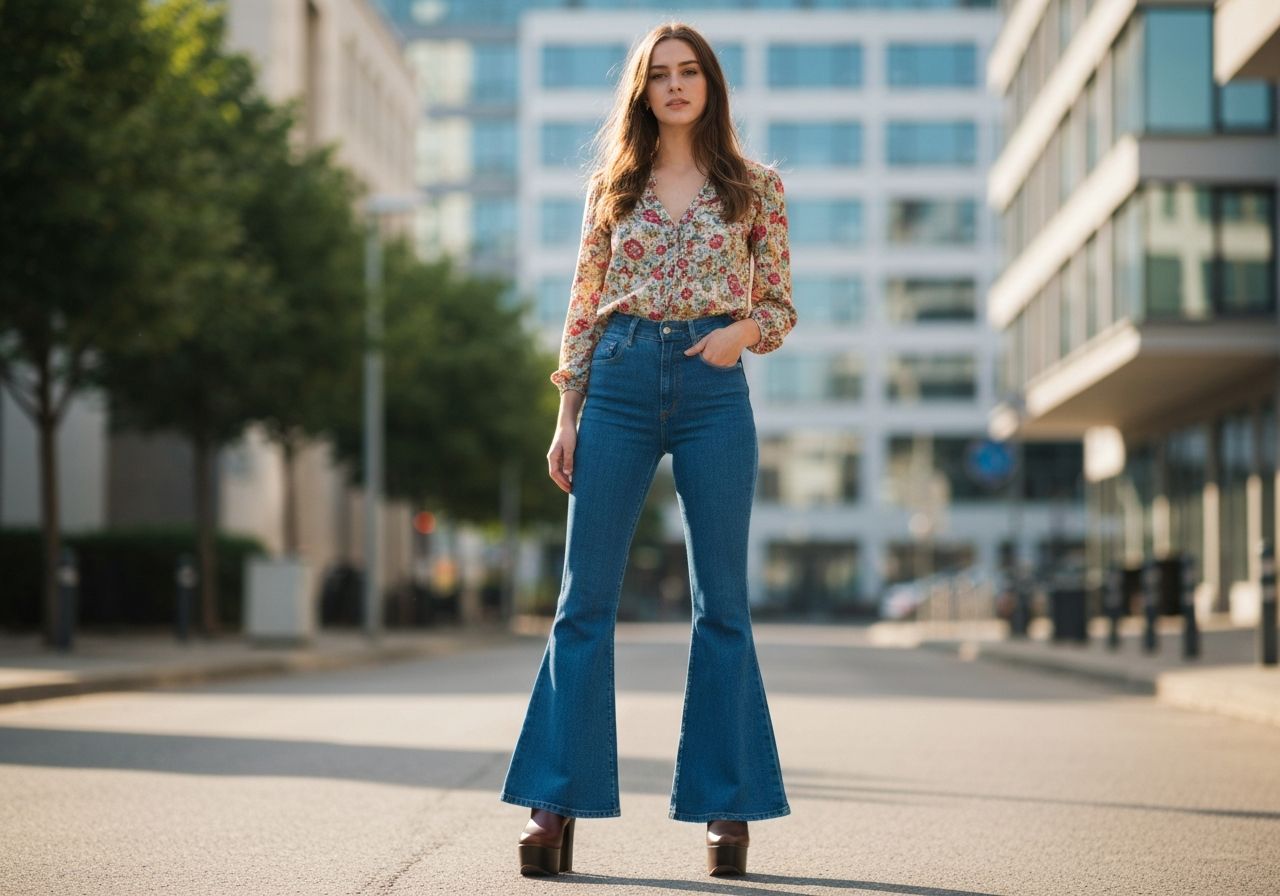 Młoda kobieta w dzwonach i kwiatowej bluzce na tle miejskiej ulicy w ciepłym świetle dnia.