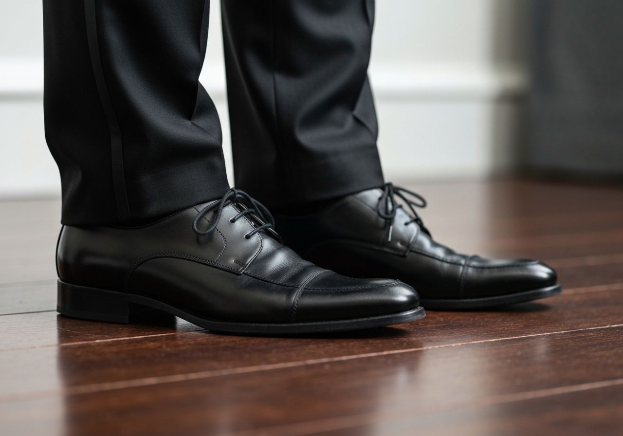 Eleganckie czarne skórzane buty żałobne na stopach osoby w czarnym garniturze na drewnianej podłodze
