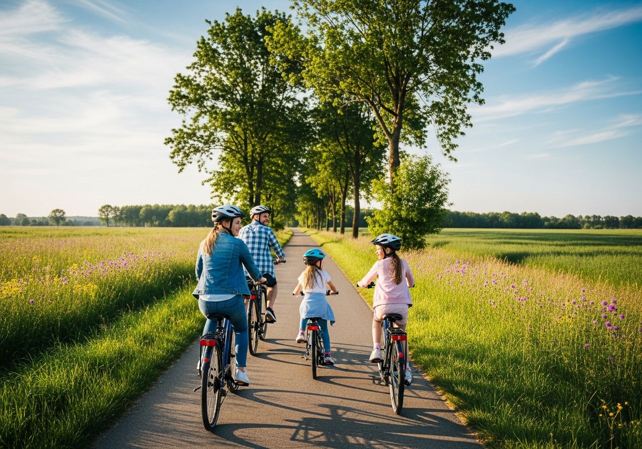 Rodzin na rowerach jedzie polną ścieżką w słoneczny dzień