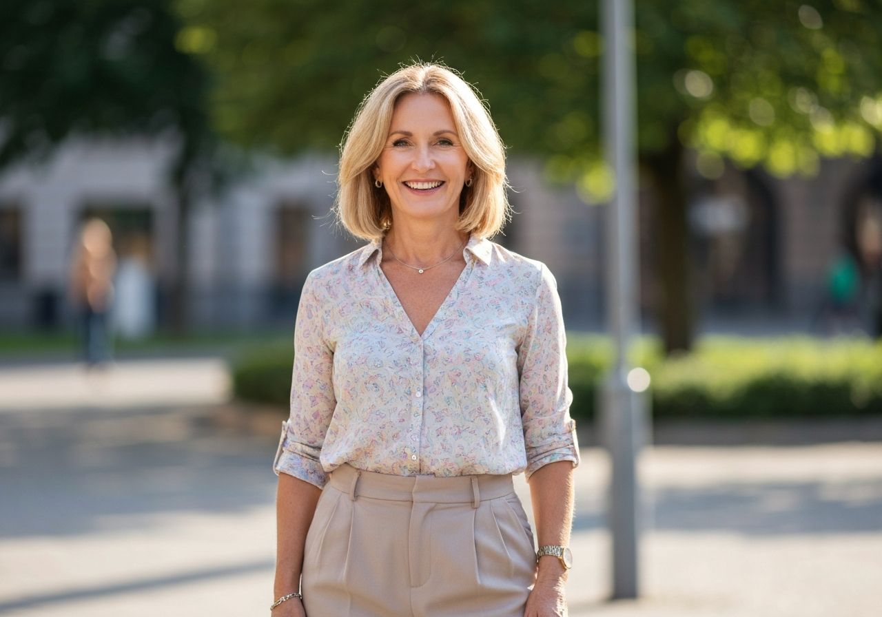 Kobieta w średnim wieku w naturalnym świetle, uśmiechnięta, ubrana casualowo i elegancko w miejskim parku