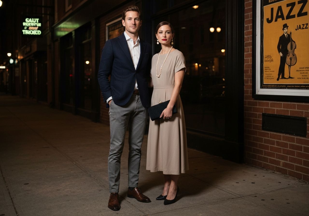 Stylowa para na nocnym tle klubu jazzowego, mężczyzna w marynarce, kobieta w eleganckiej sukience