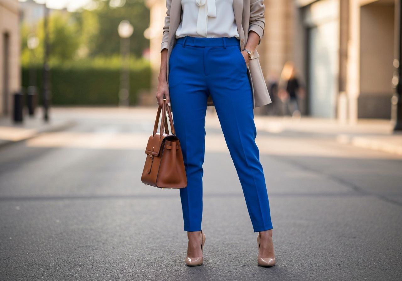 Kobieta w niebieskich spodniach, białej bluzce i beżowej marynarce z torebką na miejskiej ulicy.