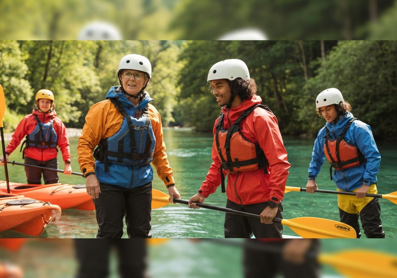 Grupa ludzi w odzieży outdoor przygotowuje kajaki na spokojnej rzece w otoczeniu zielonego lasu
