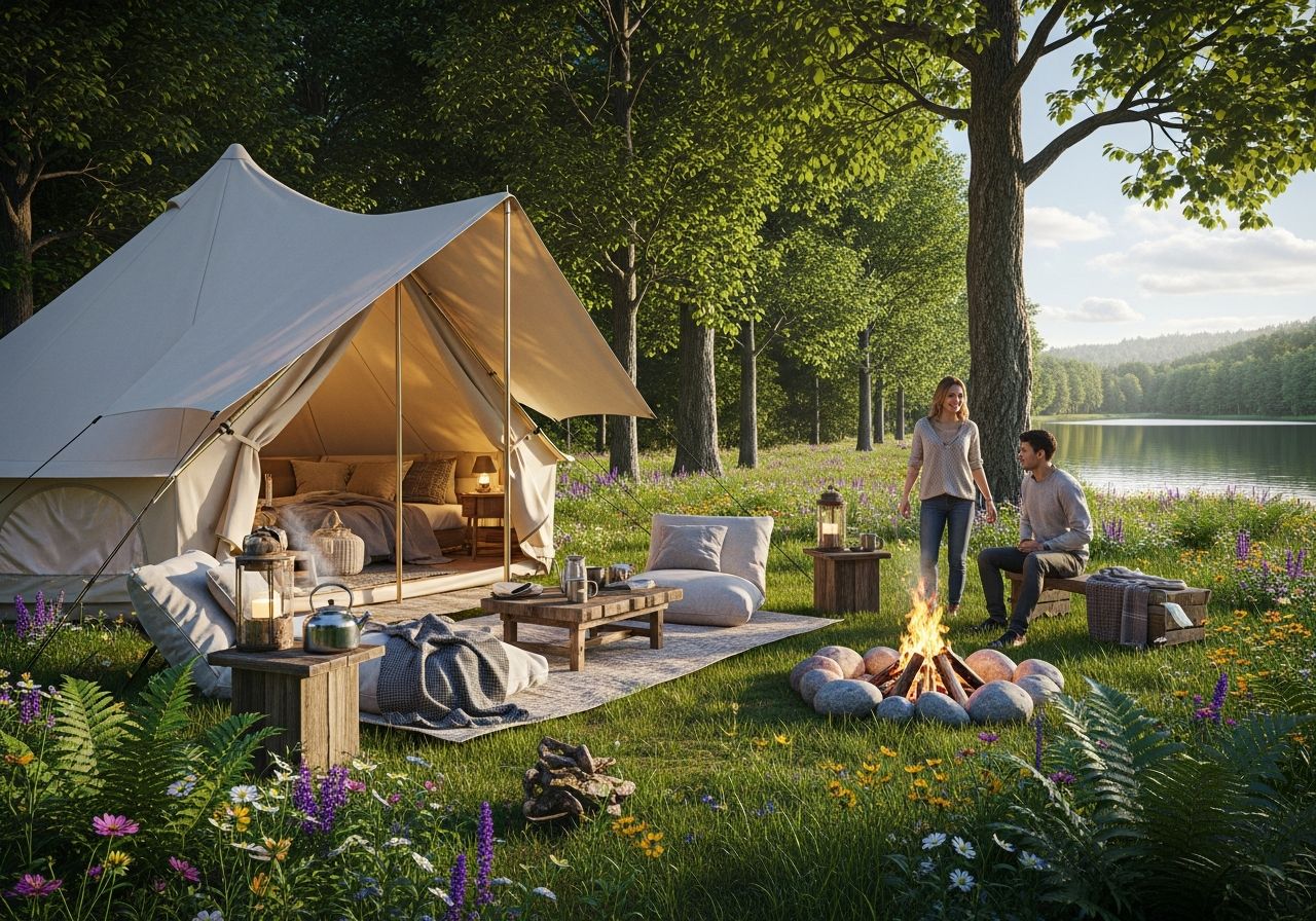 Rodzina odpoczywająca w glampingu na łonie natury