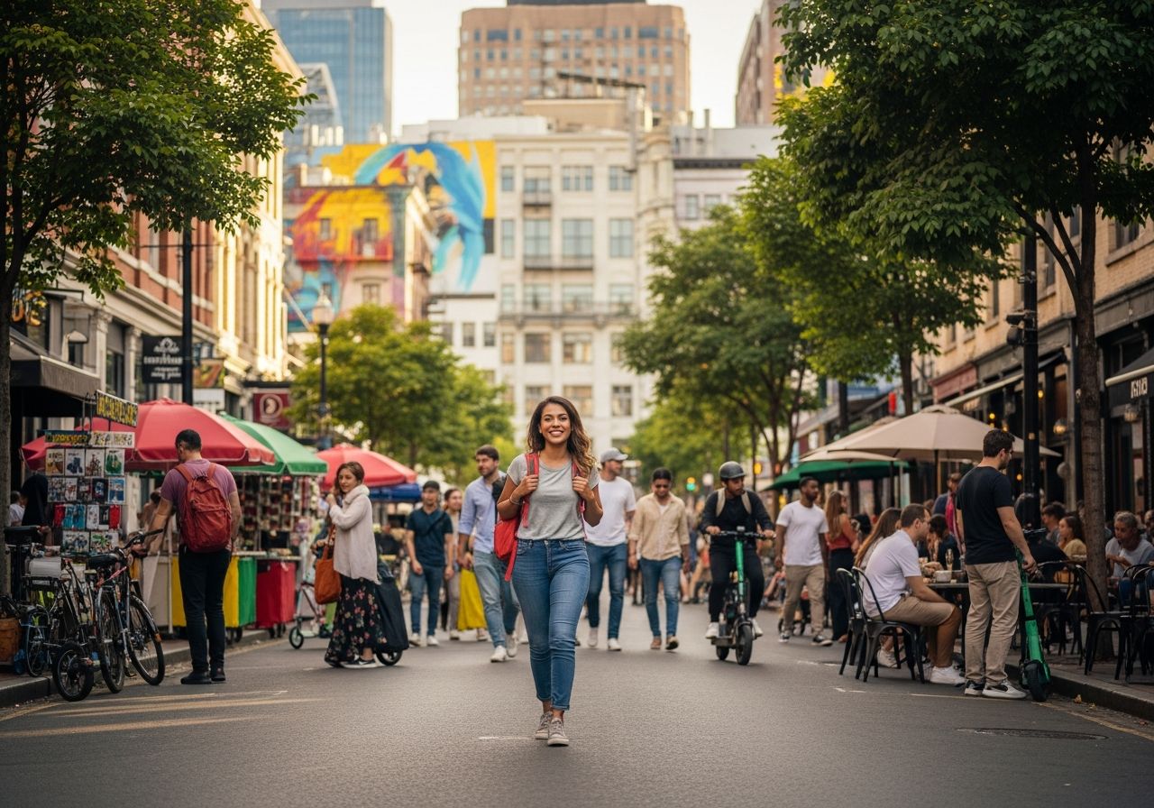 Młoda kobieta idzie ulicą w dużym zatłoczonym mieście