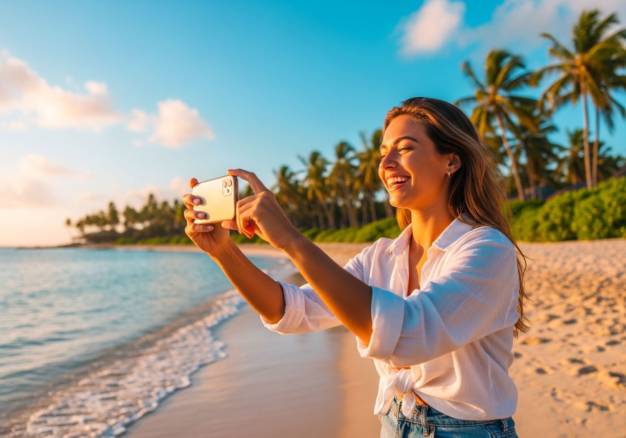 Młoda kobieta robi zdjęcie telefonem na plaży