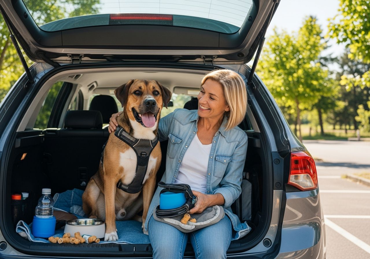Pani z psem siedzi w otwartym bagażniku samochodu