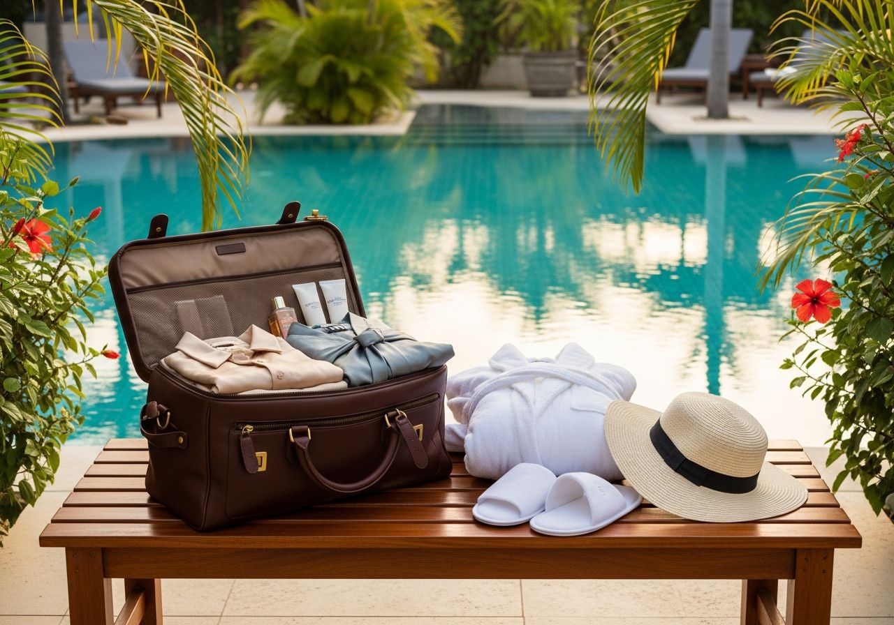 Torba podróżna, szlafrok, kapelusz i klapki ułożone obok siebie na ławeczce przed basenem w SPA