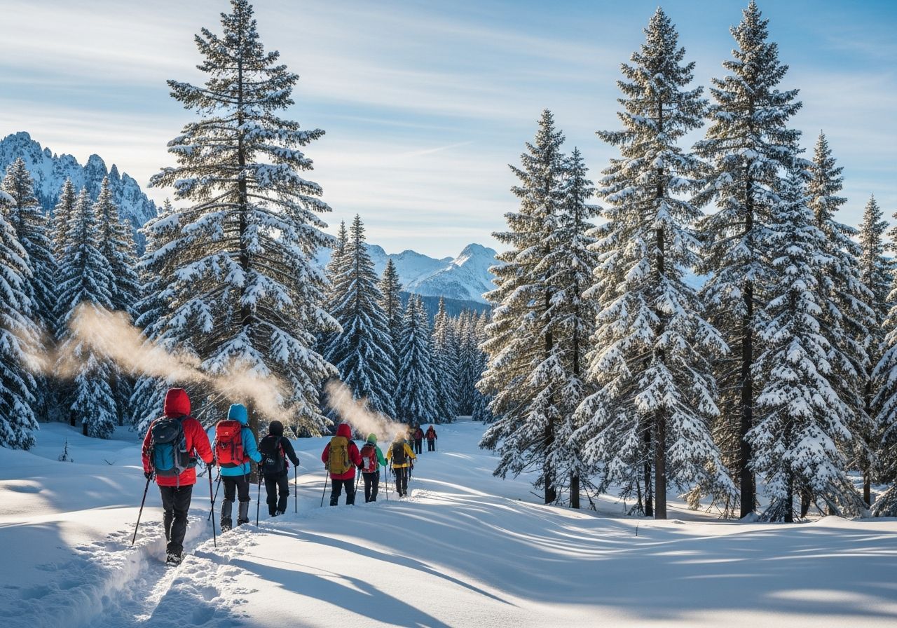 Grupa znajomych wędruje pieszo przez zaśnieżone góry
