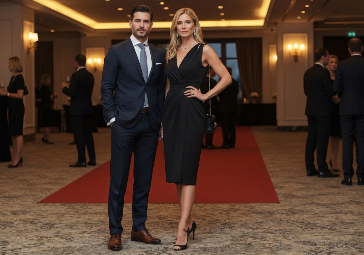Mężczyzna i kobieta w eleganckim stroju formalnym na biznesowym wydarzeniu w luksusowej scenerii
