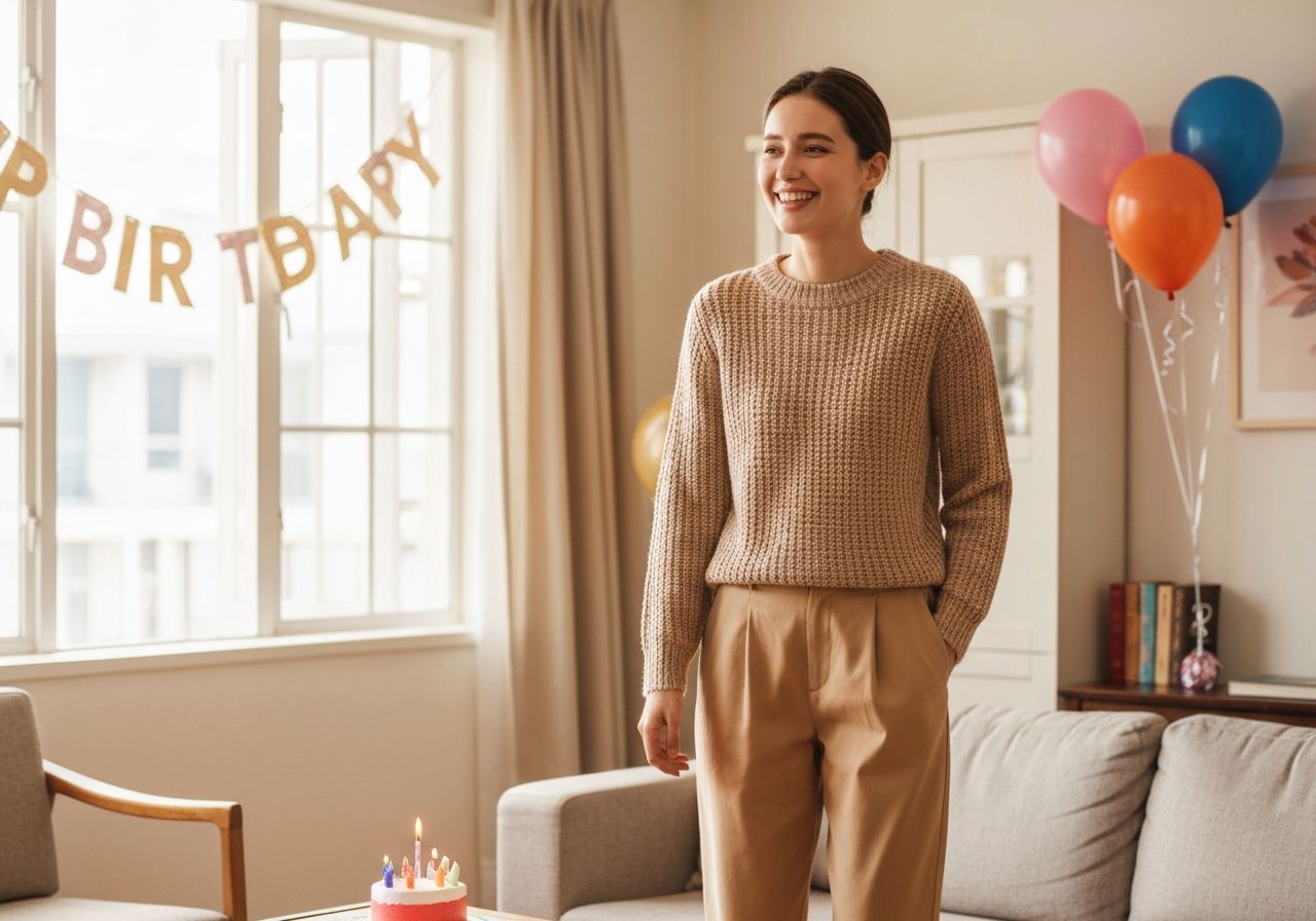 Młoda kobieta w ciepłym pokoju świętuje urodziny przy balonach i torcie na stole.