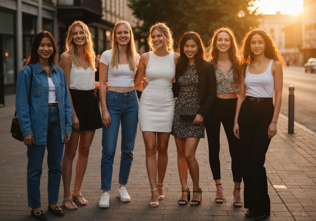 Grupa młodych kobiet w modnych ubraniach na ulicy podczas złotej godziny, pełne energii i pewności siebie
