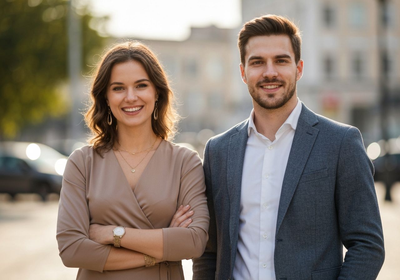 Stylowa para na pierwszej randce na tle miejskim, uśmiechnięci i zrelaksowani w naturalnym świetle.