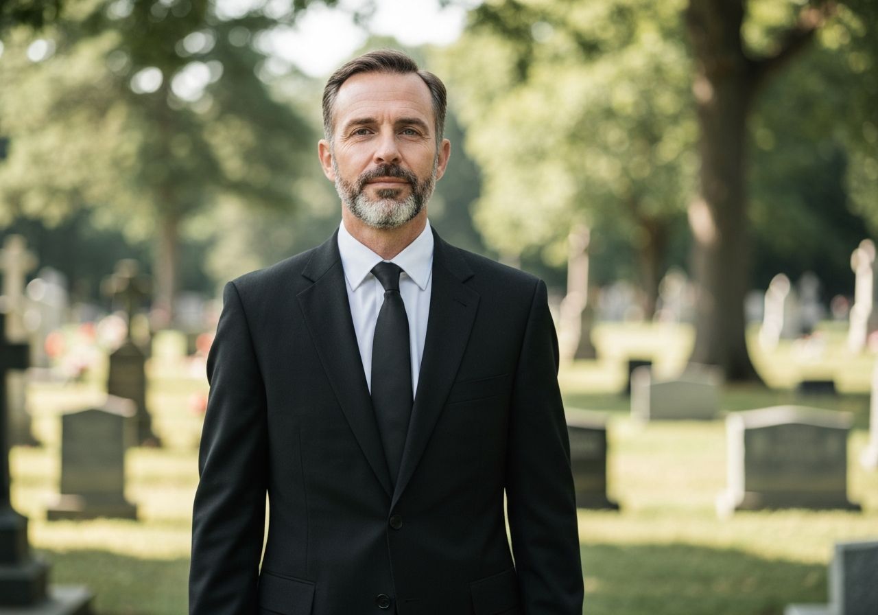 Mężczyzna w czarnym garniturze na tle cmentarza, stojący w skupieniu na zewnątrz w naturalnym świetle