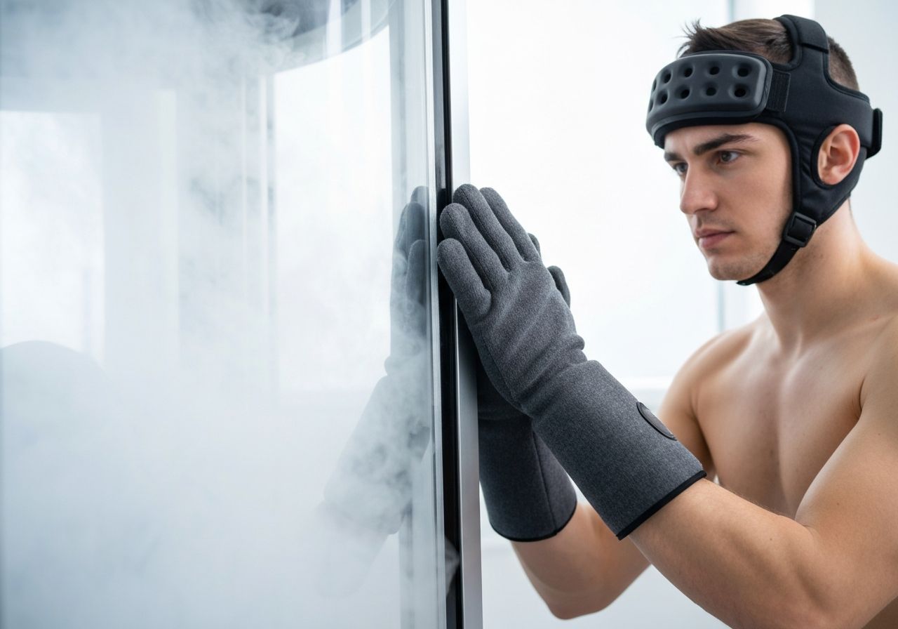 Osoba w stroju do krioterapii obok komory, otoczona zimną parą w klinicznym wnętrzu