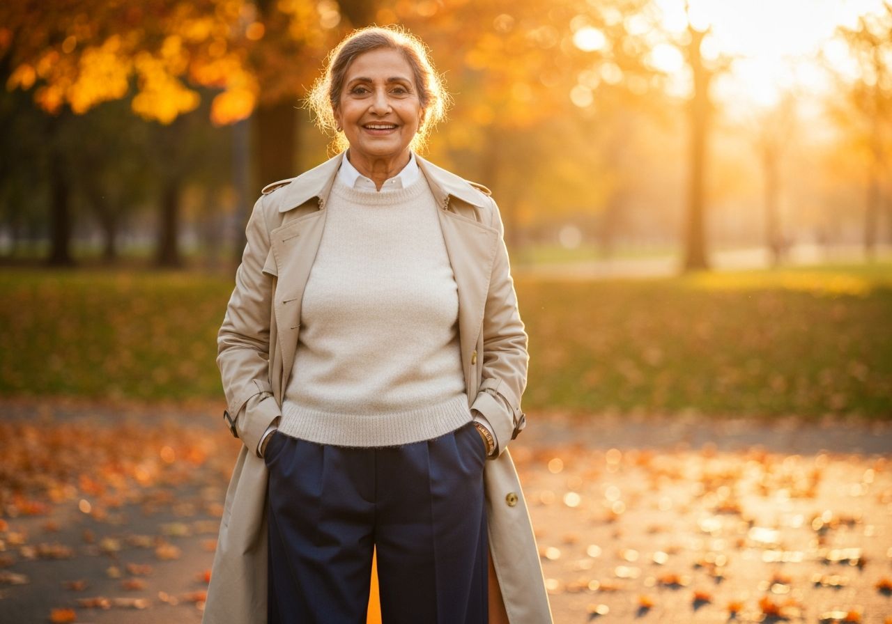 Starsza kobieta w beżowym swetrze i płaszczu stoi na tle parku jesienią, uśmiechnięta i pewna siebie