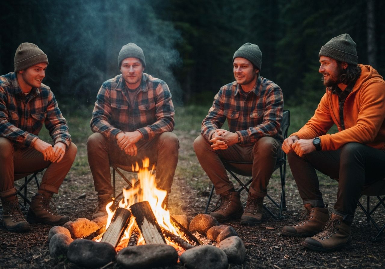Grupa przyjaciół siedzi przy ognisku w lesie wieczorem, ubrani w odzież outdoorową, ogień oświetla ich twarze