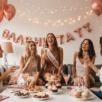 Kobiety świętujące wieczór panieński w nowoczesnym salonie z dekoracjami i lampkami, panna młoda z kieliszkiem szampana.