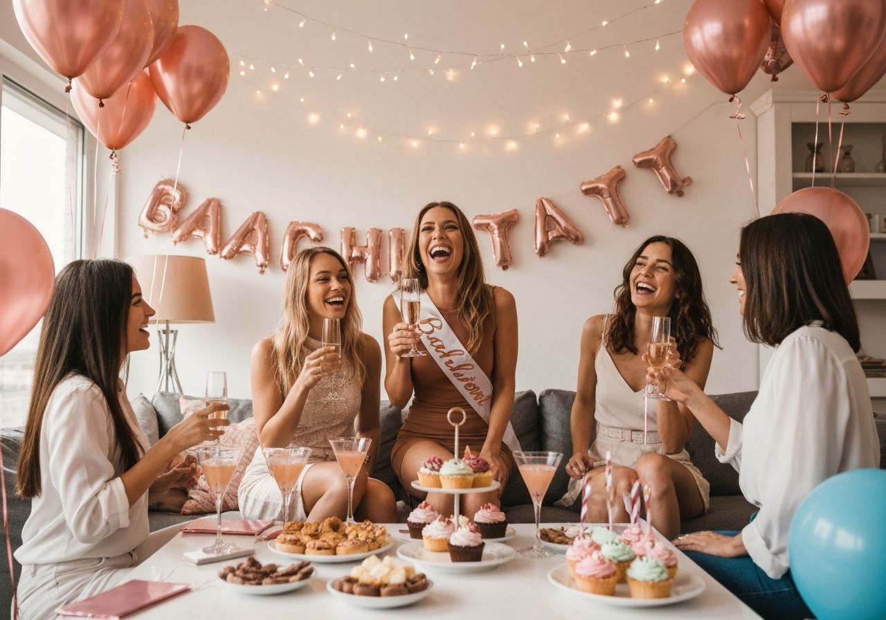 Kobiety świętujące wieczór panieński w nowoczesnym salonie z dekoracjami i lampkami, panna młoda z kieliszkiem szampana.