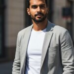 Mężczyzna w szarym marynarce i białym t-shircie na miejskim tle z naturalnym światłem, smart casual.