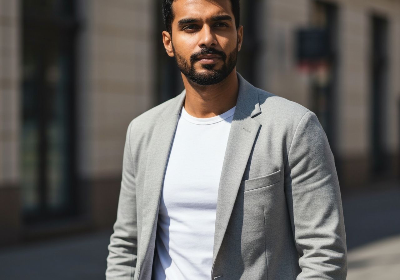 Mężczyzna w szarym marynarce i białym t-shircie na miejskim tle z naturalnym światłem, smart casual.