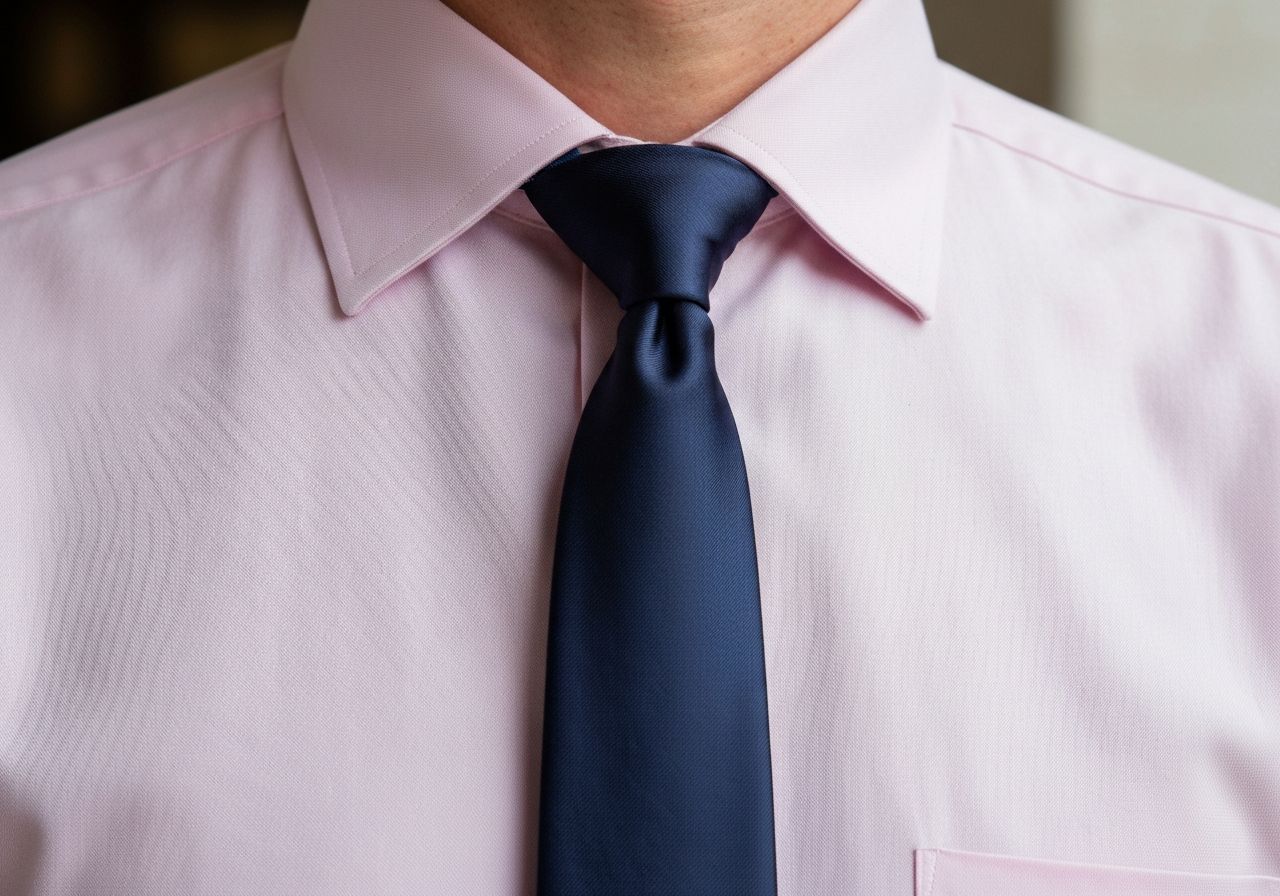 Mężczyzna w jasnoróżowej koszuli i granatowym krawacie na rozmytym, neutralnym tle