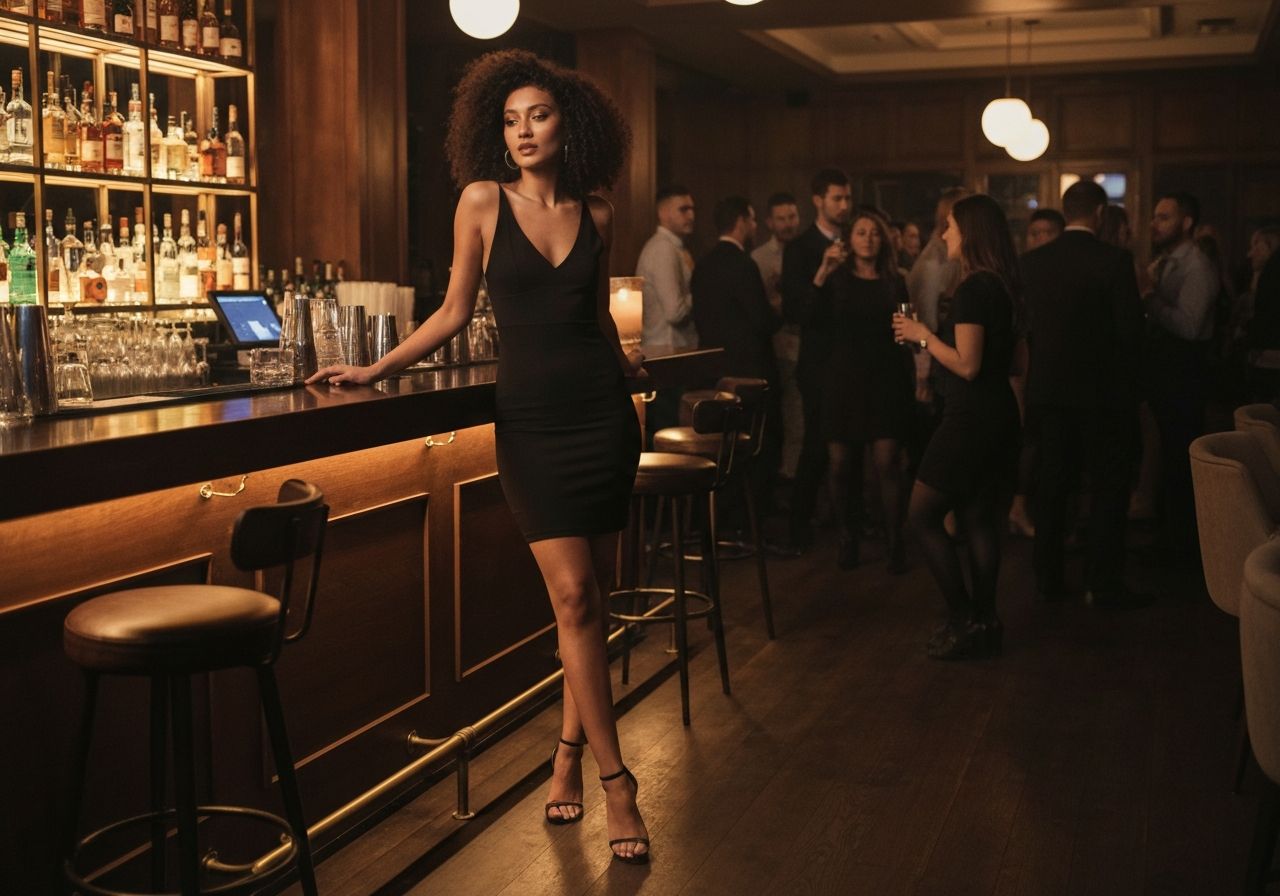 Młoda kobieta w czarnej kurtce i jeansach pozująca nocą przed klubem, neonowe światła w tle.