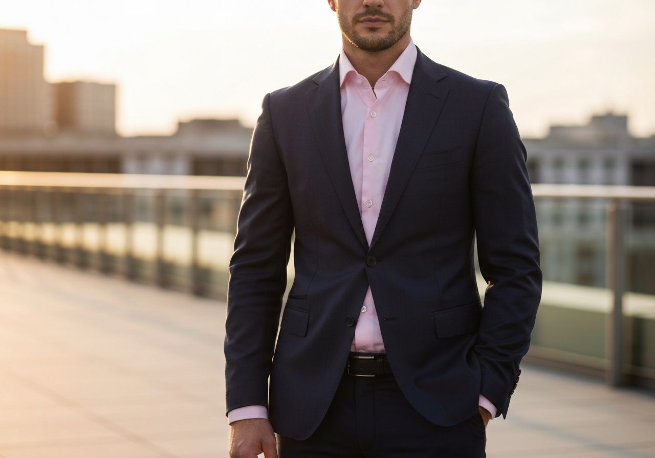 Mężczyzna w granatowym garniturze i różowej koszuli na tle rozmytego miejskiego krajobrazu o zachodzie słońca