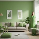 Nowoczesne wnętrze z pistacjowymi ścianami, sofą, dekoracjami i kobietą w pistacjowej sukience przy oknie.