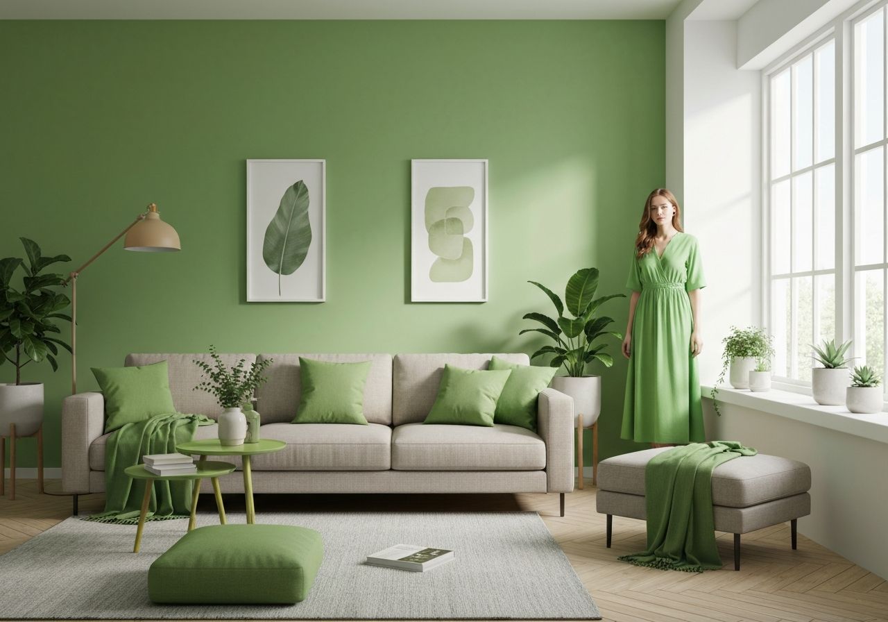 Nowoczesne wnętrze z pistacjowymi ścianami, sofą, dekoracjami i kobietą w pistacjowej sukience przy oknie.