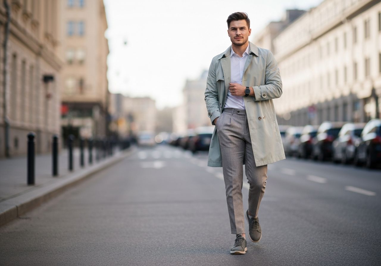 Młody mężczyzna w pastelowym trenczu i sneakersach spaceruje ulicą miasta wiosną.