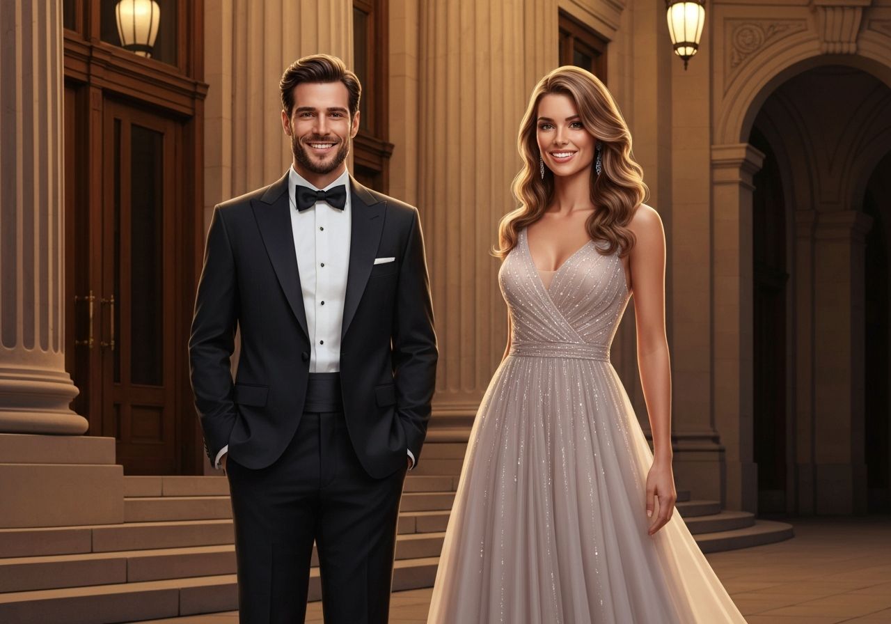 Mężczyzna i kobieta w eleganckich strojach stoją przed operą nocą przy klasycznej architekturze