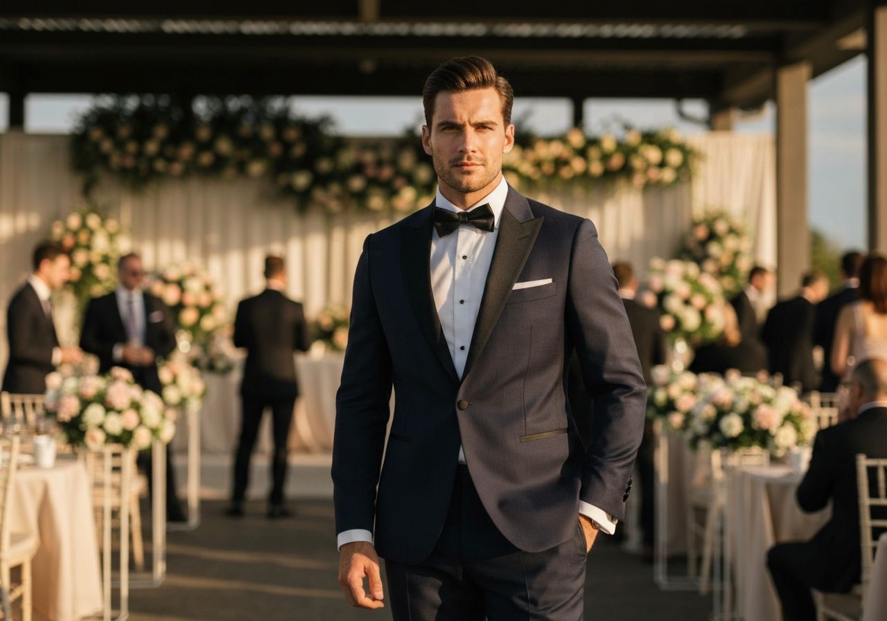 Mężczyzna w granatowym garniturze stoi pewnie na eleganckim ślubie z rozmytym tłem gości i kwiatów