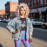 Młoda osoba w modzie lat 80., neonowe legginsy, kurtka jeansowa, kolczyki, ulica z vintage autami.
