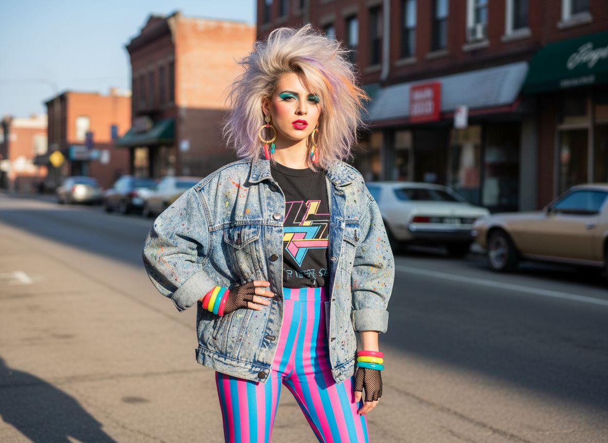 Młoda osoba w modzie lat 80., neonowe legginsy, kurtka jeansowa, kolczyki, ulica z vintage autami.