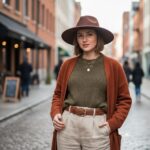 Portret młodej kobiety w filcowym kapeluszu na tle miejskiej ulicy, naturalne światło, casual styl.