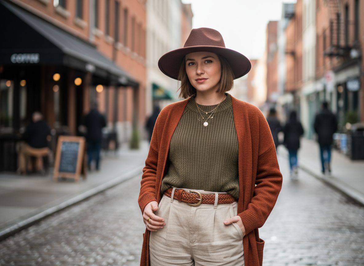 Portret młodej kobiety w filcowym kapeluszu na tle miejskiej ulicy, naturalne światło, casual styl.