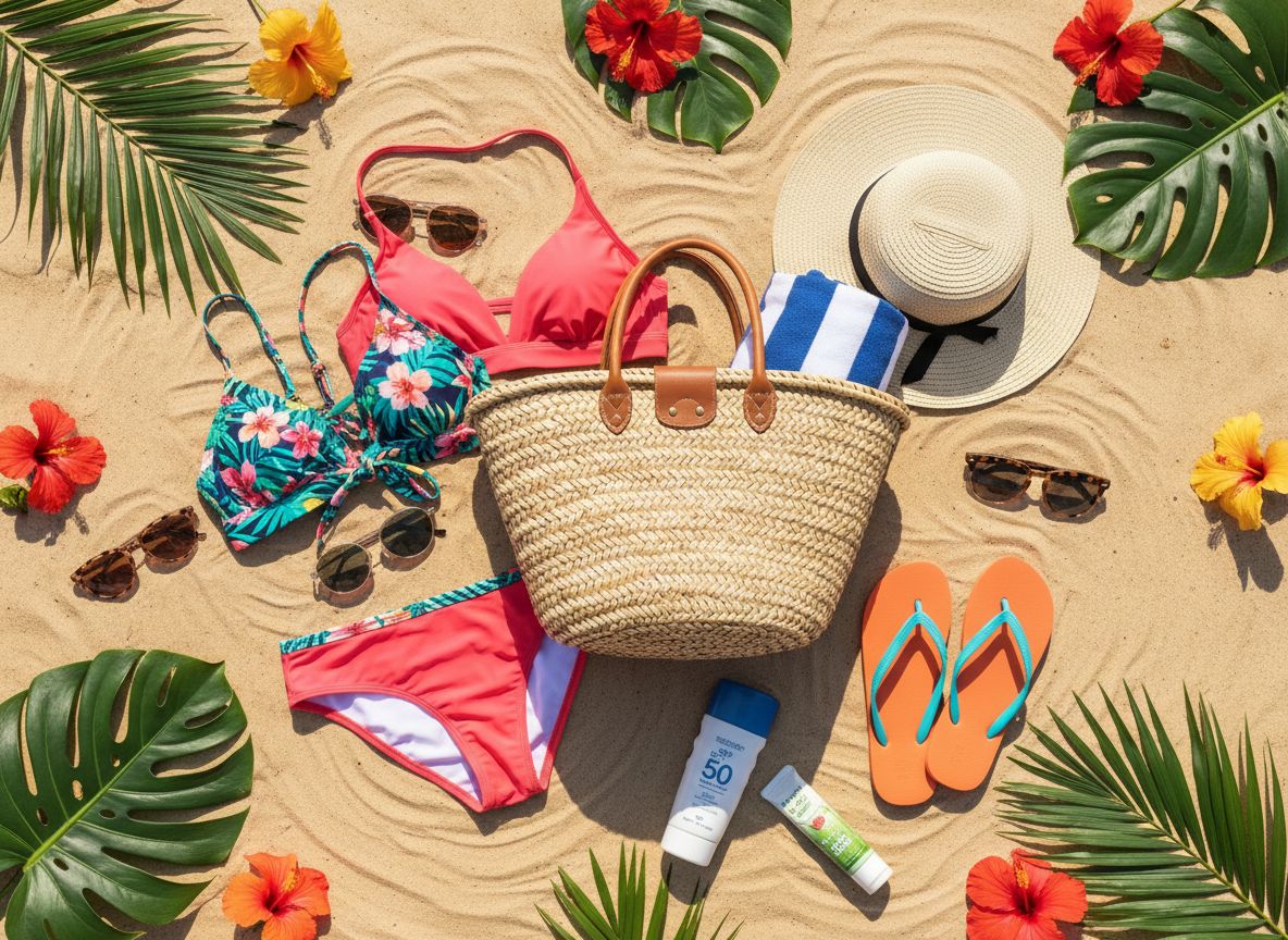 Letni zestaw plażowy na piasku: stroje kąpielowe, okulary, kapelusz, ręcznik, krem, klapki i torba.