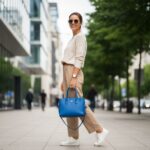 Kobieta w miejskim otoczeniu trzyma niebieską torebkę, ubrana w casualową stylizację, uśmiechnięta i pewna siebie