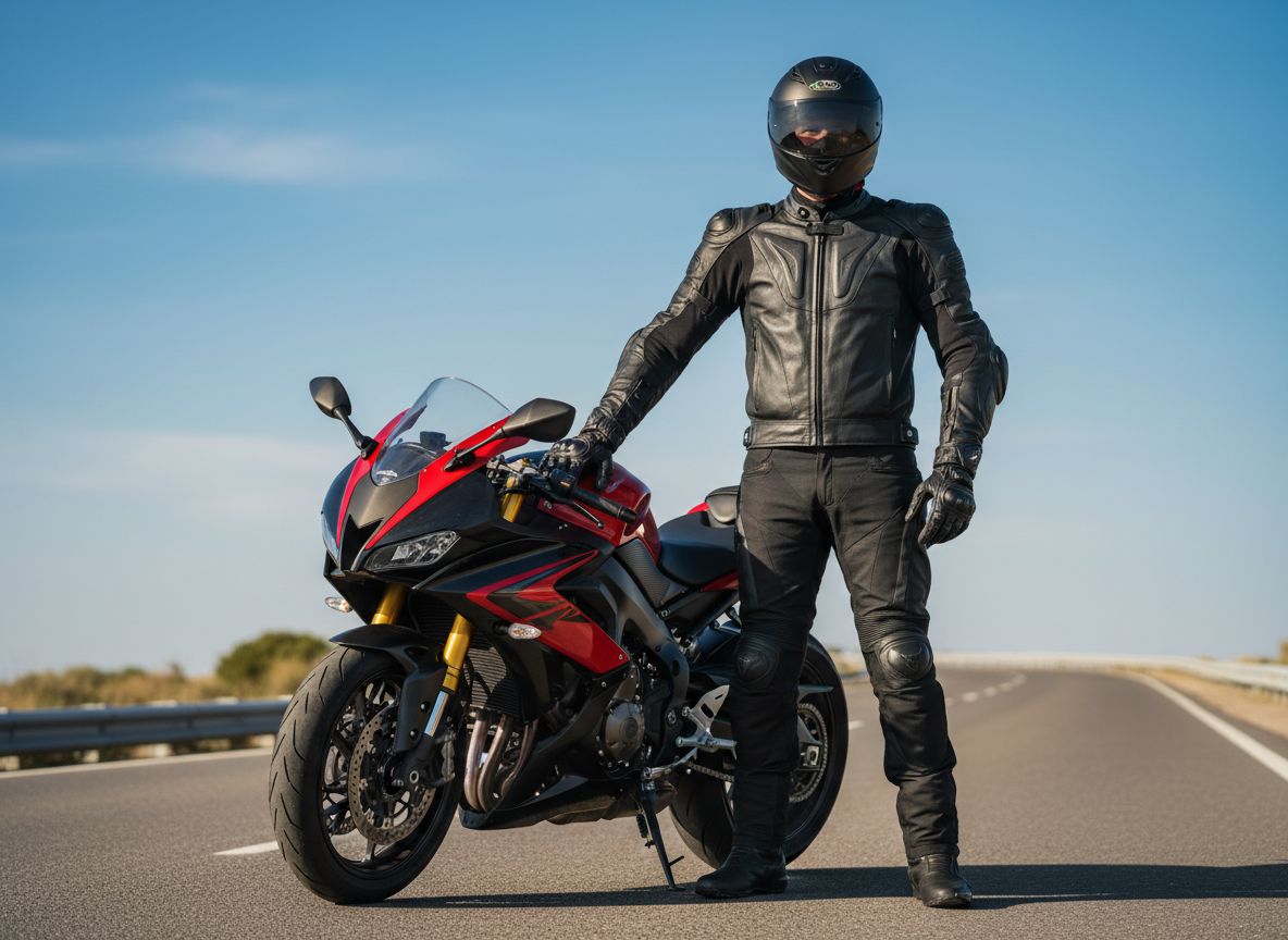 Mężczyzna w pełnym ubraniu motocyklowym stoi przy sportowym motocyklu na tle nieba i drogi.